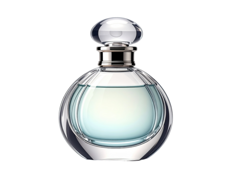 A clear, round perfume bottle with a light teal liquid inside.  Elegant,  crystal-like glass design.  Delicate,  round,  domed cap