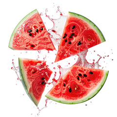 Watermelon slices in a circular, dynamic splash