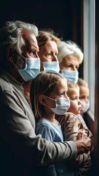 Family generations wearing protective face masks look out window in somber scene indoors together during health crisis