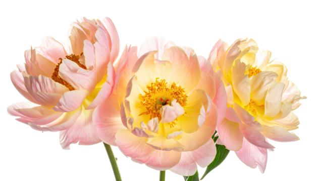 Three pastel pink and yellow peonies.  Close-up view, showing delicate petals and central stamens.  Soft lighting highlights the flower structure