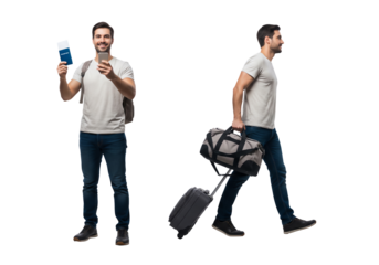 Man holding passport and phone, man walking with luggage