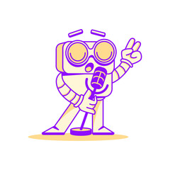 Animated Robot Singing into Microphone with Peace Sign on Transparent Background, Cream and Purple Color Palette with Graphic Cartoon Style