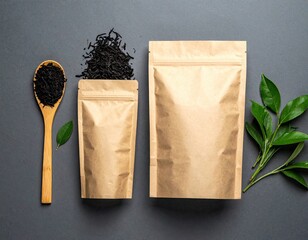 Loose tea, kraft bags, and greenery on a dark surface