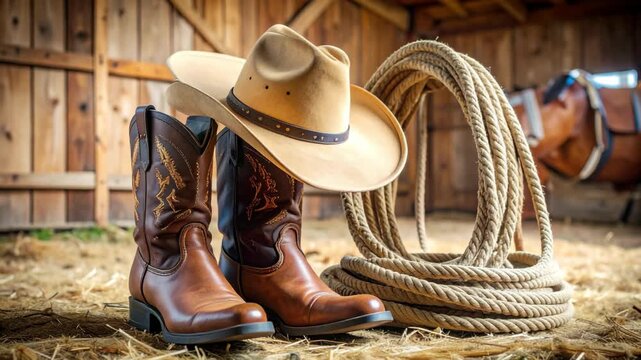 Western still life of cowboy hat, boots, and rope against a rustic wooden barn backdrop in golden light.