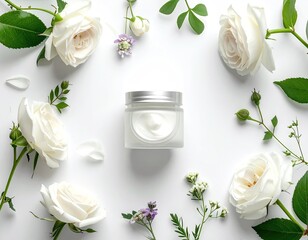Cream jar amidst roses, leaves, and tiny floral accents
