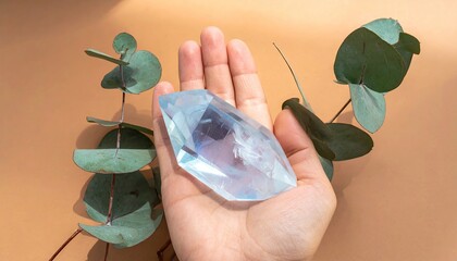 Crystal in hand, greenery. Top-down, soft light