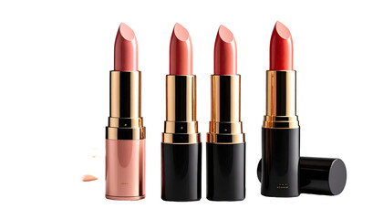 Obraz premium Four lipstick tubes in varying shades of pink and red, presented in a horizontal row. Gold accents and black casings. A small sample of a light peach shade is visible to the lower left