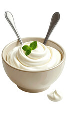 Creamy, light-beige dip or sauce in a bowl, garnished with fresh mint leaves. Two spoons rest atop
