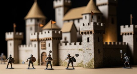 Miniature Castle with Medieval Soldiers Figures in Front in Dark Lighting