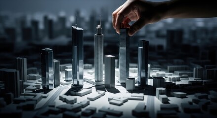 Hand Placing Tall Modern Skyscraper Model in Urban Cityscape with Dark Lighting
