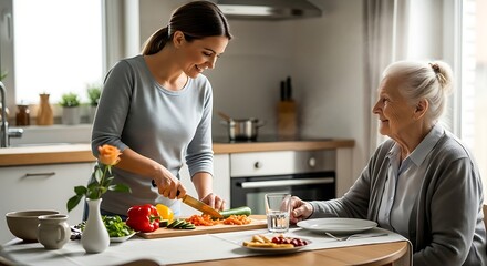Caring Kitchen: A heartwarming scene of a younger woman preparing a nutritious meal for her elderly companion in a cozy kitchen, filled with soft light and loving interaction.