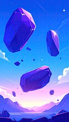 Floating gems over water, surreal, pastel landscape