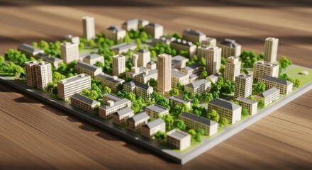 Miniature City Model Urban Landscape with Tall Buildings and Green Spaces