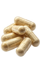 A cluster of light beige capsules.  Clear, oblong pill forms, various overlapping, showing light beige interior.  Close-up view