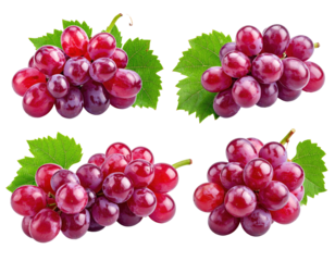 Close-up view of five bunches of vibrant red grapes, each with fresh green leaves