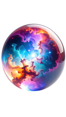 A sphere, crystal-clear, holds swirling cosmos.  Cosmic nebulae, vibrant hues