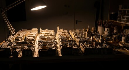Detailed Architectural Model of City Streets Under Artificial Lighting in Workshop Setting