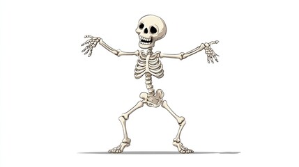 Cartoon skeleton, light beige, wide stance, arms outstretched, pointing, cheerful expression, simple design, on plain white background
