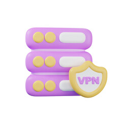 3D Render of Purple Server Stacks and Yellow Shield with VPN Text on Transparent Background