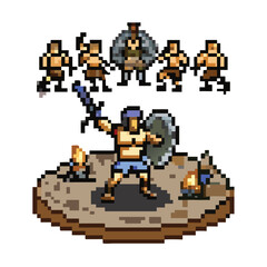 Fototapeta premium Pixel Art Gladiator Sprite, 16-bit Fantasy Combat Character for RPG Game