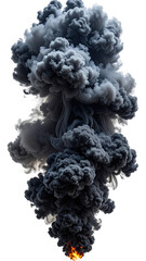 A massive plume of dark smoke billows upwards, with fiery orange flames at its base