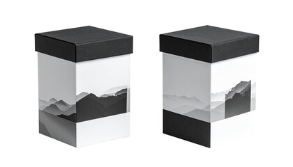 Two square boxes, black lids, white sides, grayscale mountain scene