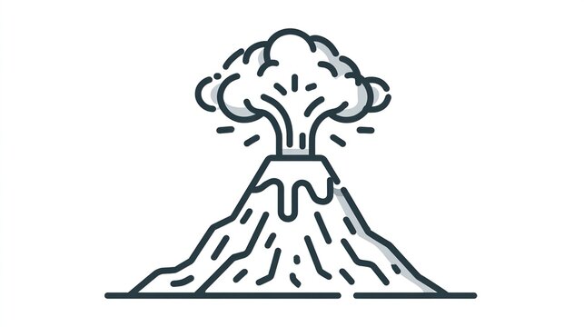 Stylized volcanic eruption with plume, lava flow in outline against a white backdrop