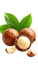 Macadamia nuts whole and halved, with leaves
