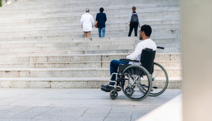 Mężczyzna na wózku inwalidzkim przy wysokich schodach