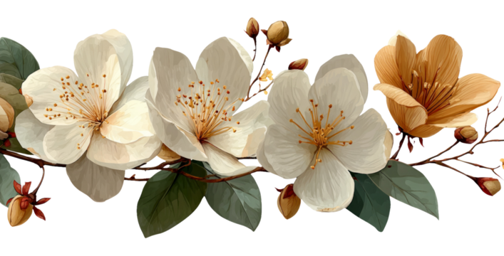 Delicate Floral Composition with White and Peach Flowers on a Transparent Background