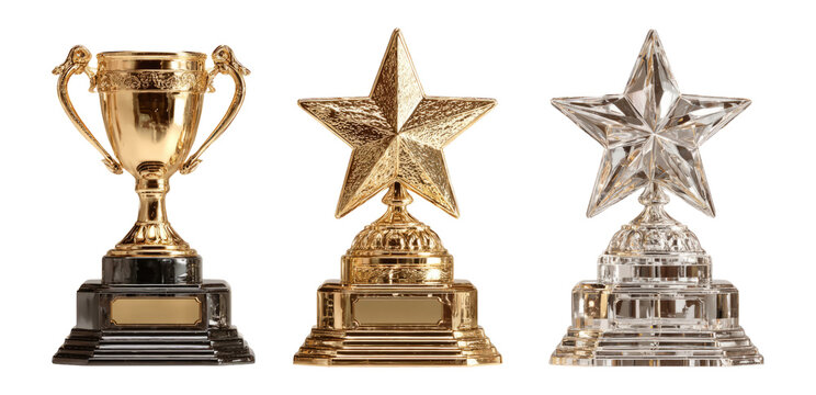 Golden and Silver Trophies with Stars on Transparent Background for Celebrations