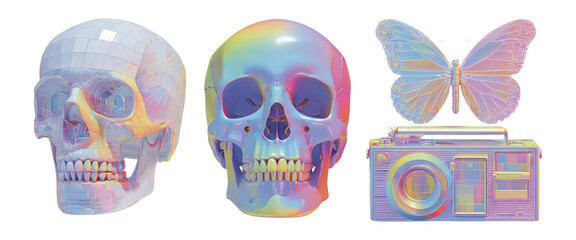 Colorful Transparent Objects Featuring Skull, Butterfly, and Retro Camera Design