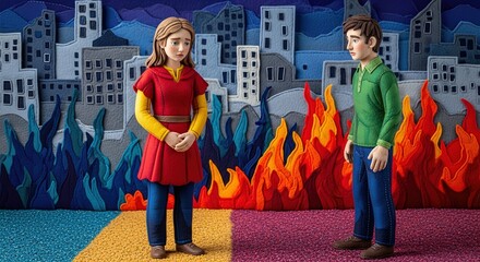 Claymation Couple Facing Flames in Felt Cityscape