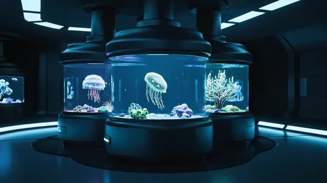Futuristic Tanks Holding Jellyfish in a Biolab Environment