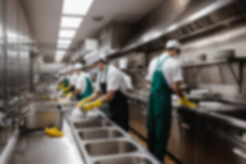 Naklejka premium Blurred background a restaurant kitchen worker is working washing dishes after being used by customers.