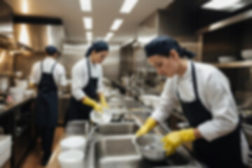Blurred background a restaurant kitchen worker is working washing dishes after being used by customers.