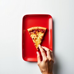 Woman's hand taking a single slice of cheese pizza from a red plate, minimalist top view food concept on white background.