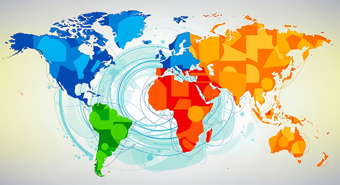 Colorful abstract world map illustration with splashes and continents - Powered by Adobe