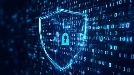 A digital shield with a padlock on a binary code background representing cybersecurity and data protection