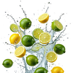 Refreshing citrus lemons & limes burst with water splash on black background