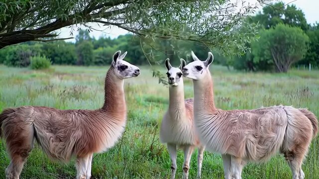 Three llamas grazing outdoors in a natural environment under a tree with green grass