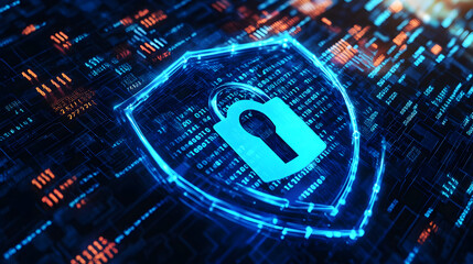 Glowing blue padlock within a shield on a digital circuit board with binary code background