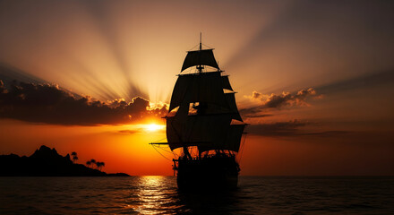 Majestic tall ship sails across ocean waters during vibrant sunset with dramatic sun rays breaking through clouds over tropical island silhouette