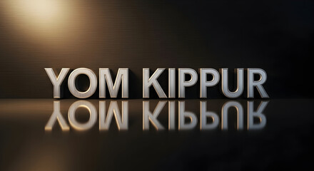 Yom Kippur message in elegant 3D lettering with reflective surface and dramatic lighting, perfect for spiritual or promotional use.