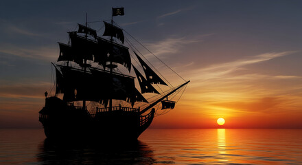 Dramatic silhouette of a pirate ship sailing on the ocean at sunset with skull flags and tattered sails, evoking adventure and mystery.
