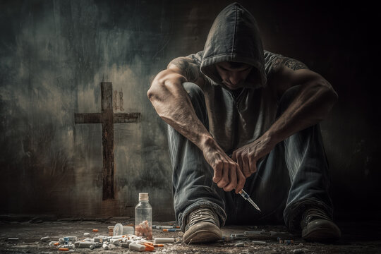 Spiritual Warfare Concept of Man Battling Addiction with Cross Symbol