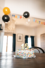 15 year old's birthday cake in dining room decorated with balloons and bunting