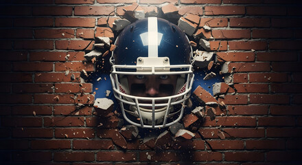 Determined football player smashes through brick wall with intense focus and powerful force, ready for action