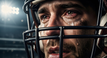 Intense football player's face, sweat dripping, eyes red with emotion under stadium lights, conveying struggle and determination