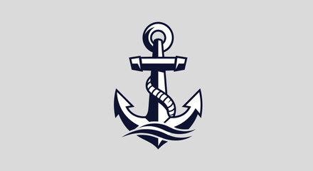 Classic nautical anchor symbol with rope and water waves.